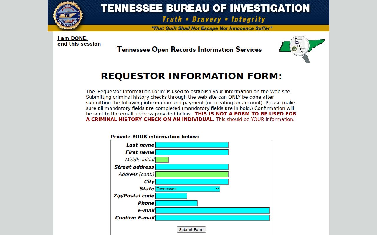 Marshall County criminal history TORIS requestor information fields